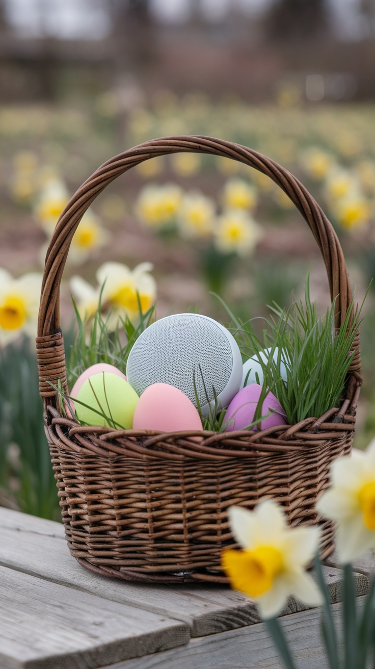 A woven basket filled with colorful Easter eggs and a portable Bluetooth speaker, set against a background of blooming flowers.