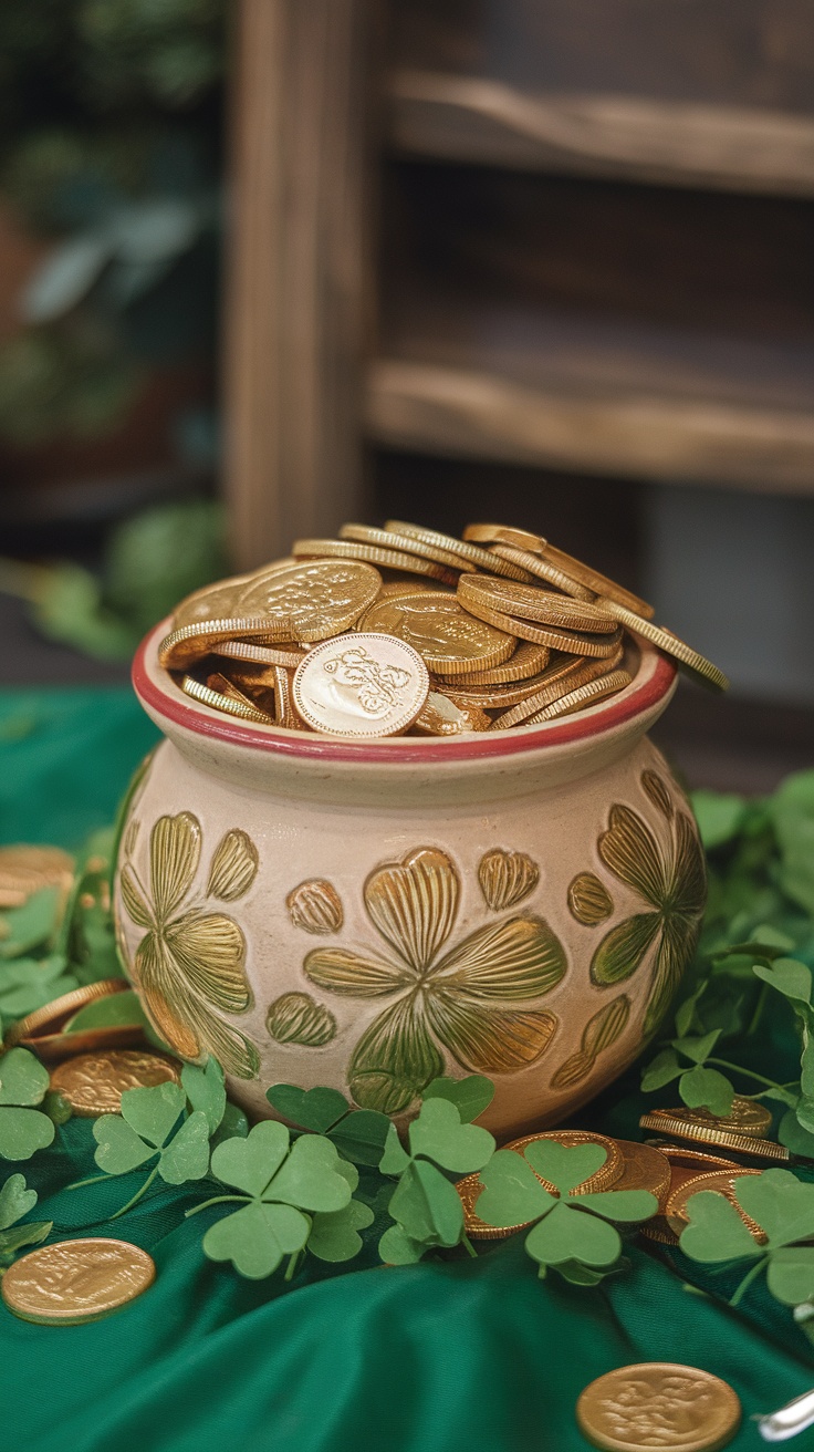 A ceramic pot filled with gold coins surrounded by green shamrock leaves