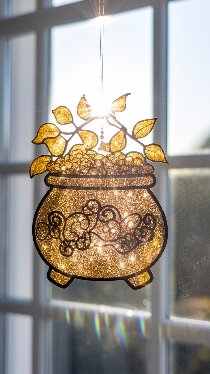 A sparkling pot of gold suncatcher hanging in a window, reflecting sunlight.