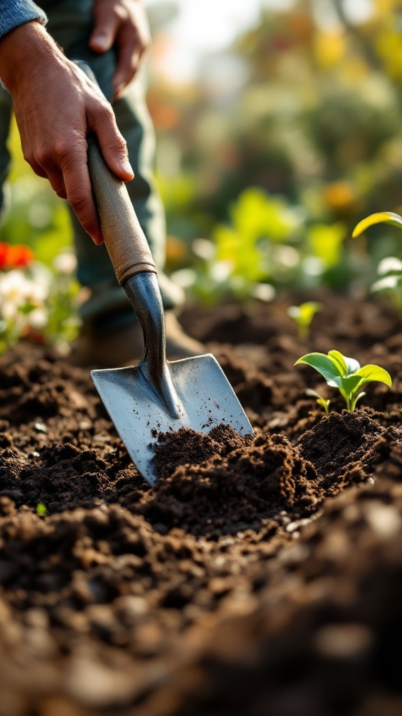 A person using a shovel to prepare soil for planting in a garden.