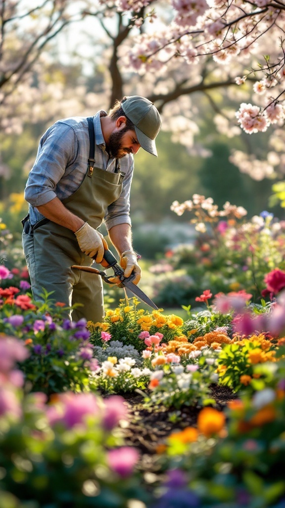 A gardener pruning flowers in a colorful spring garden.