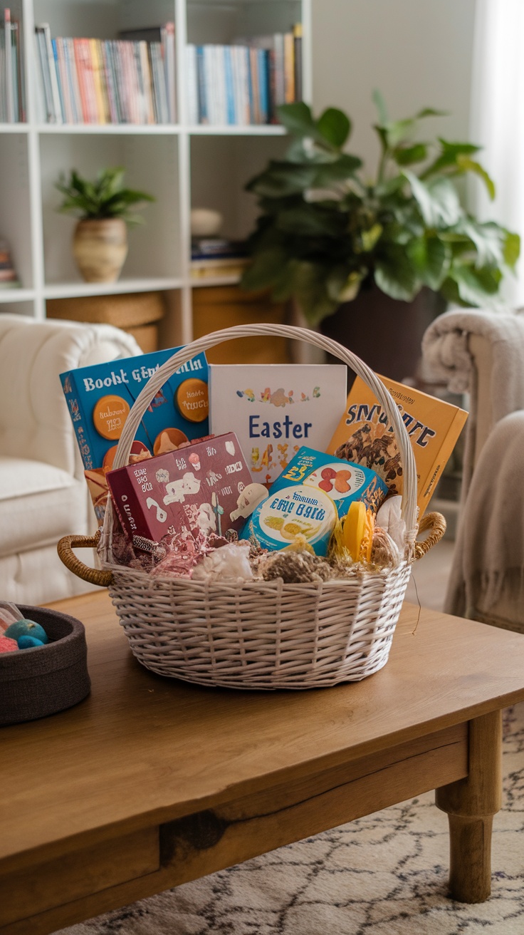 A cozy Easter basket filled with games and puzzles on a coffee table.