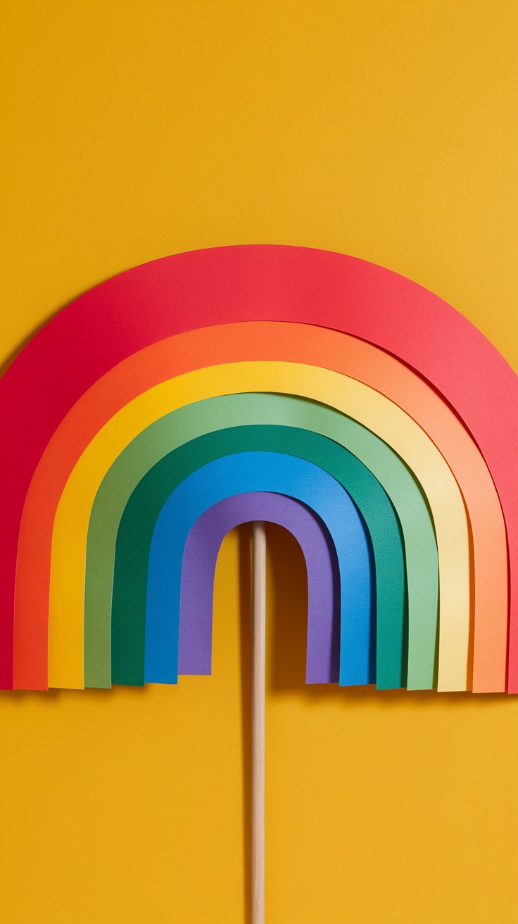 Colorful paper rainbow craft on a yellow background