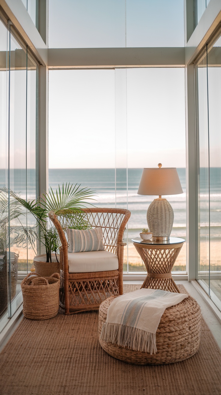 A cozy reading nook by the beach with a comfortable chair, a small side table, and a view of the ocean.