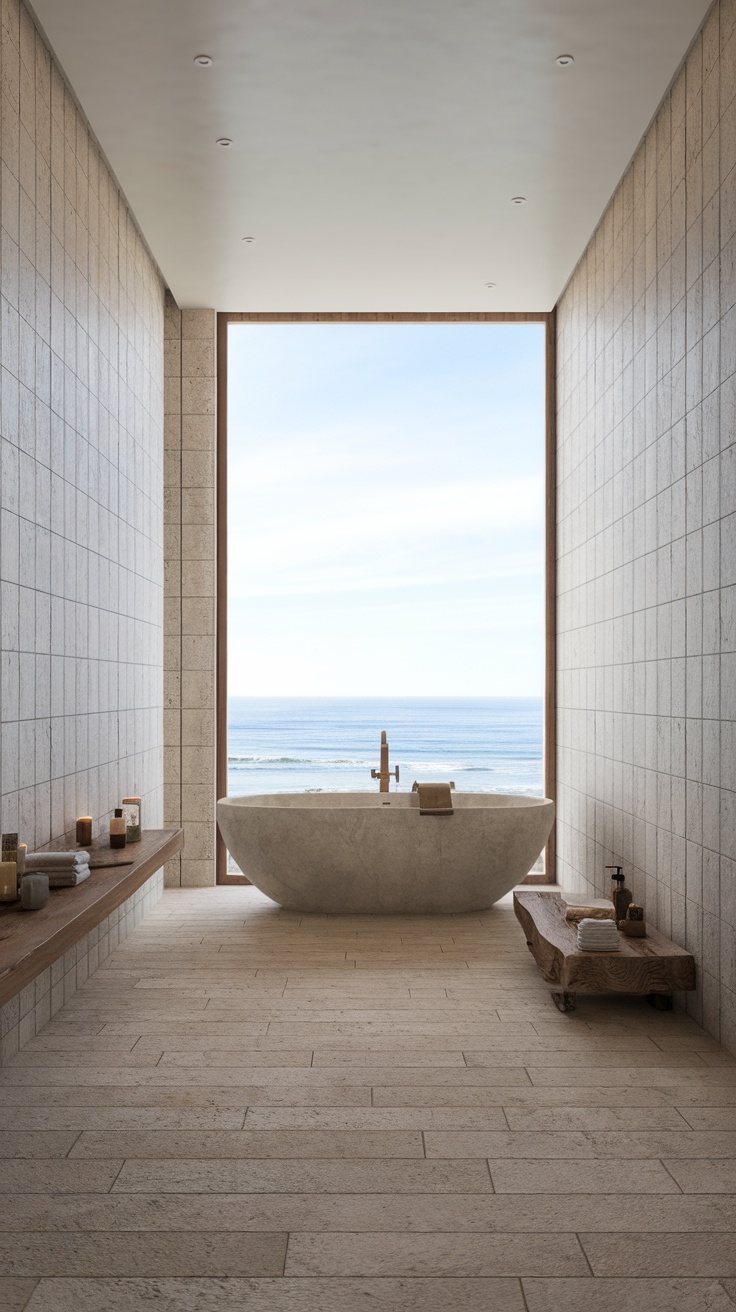 A modern bathroom with a large window overlooking the ocean, featuring a stone bathtub and wooden accents.