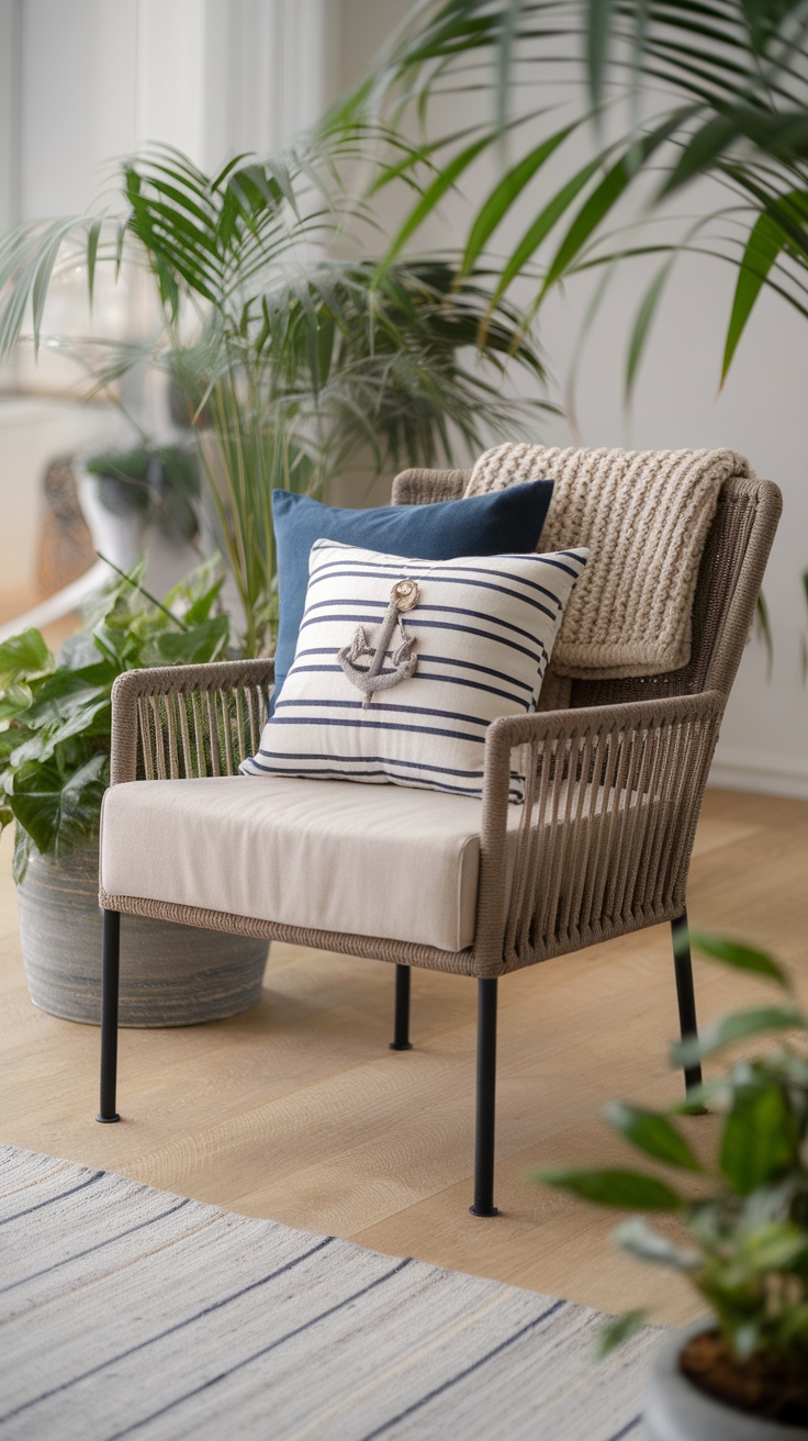 A cozy chair with rope accents and nautical-themed pillows surrounded by greenery.