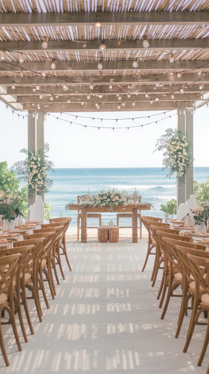 A rustic beachside venue with wooden tables, string lights, and ocean views.