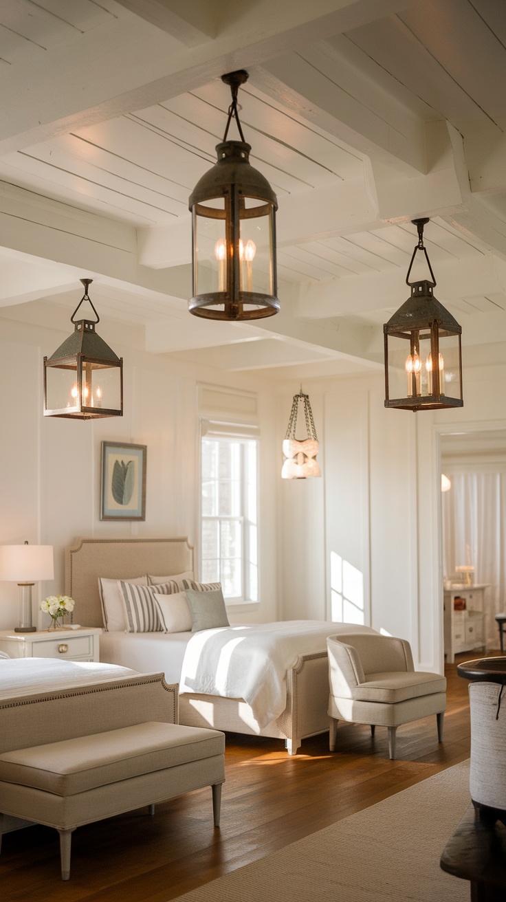 Light fixtures resembling rustic lanterns hanging in a cozy bedroom