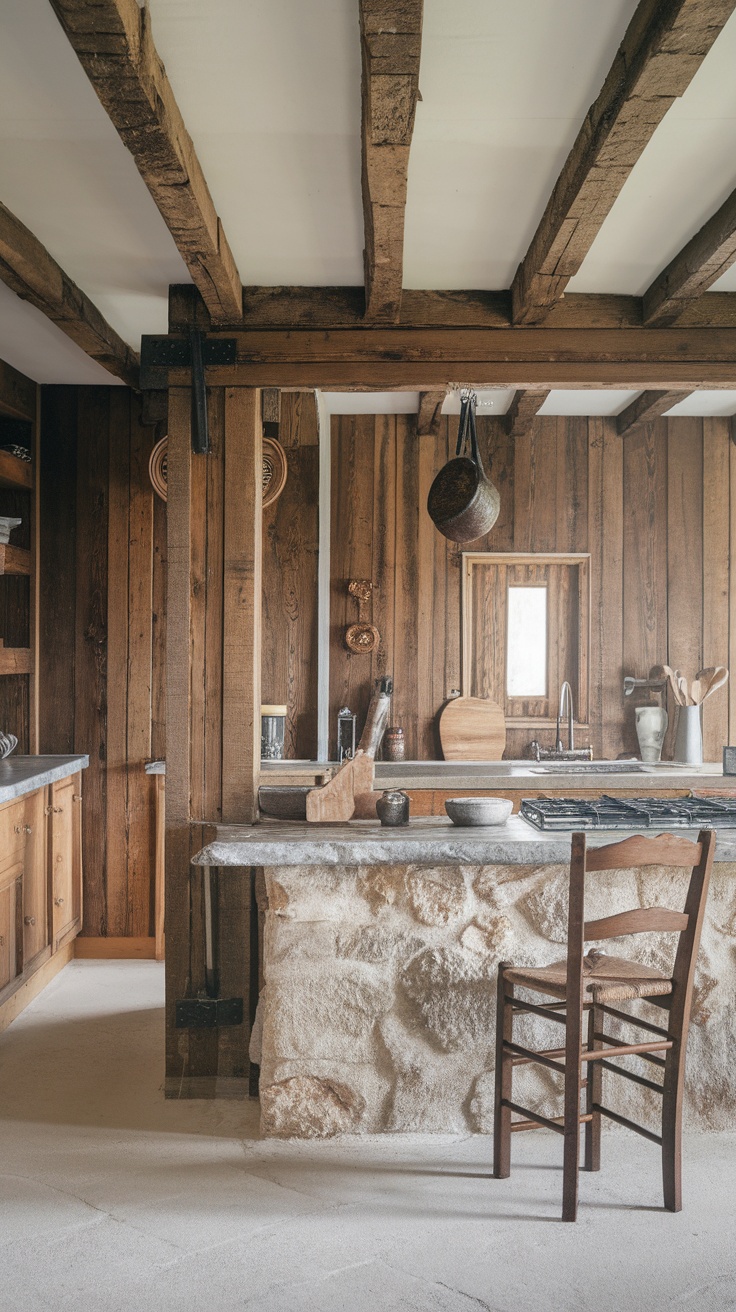 Cozy cottage kitchen featuring wooden beams and stone accents.