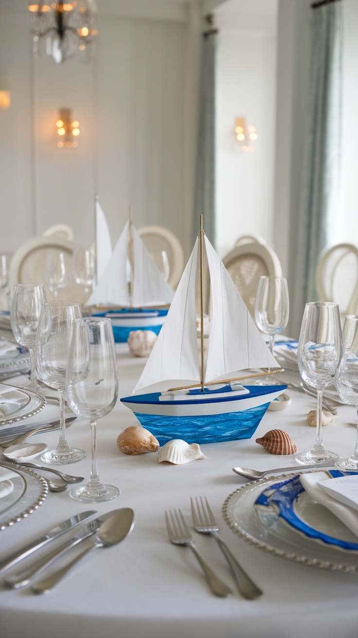 A beautifully set table with sailboat centerpieces and seashells.