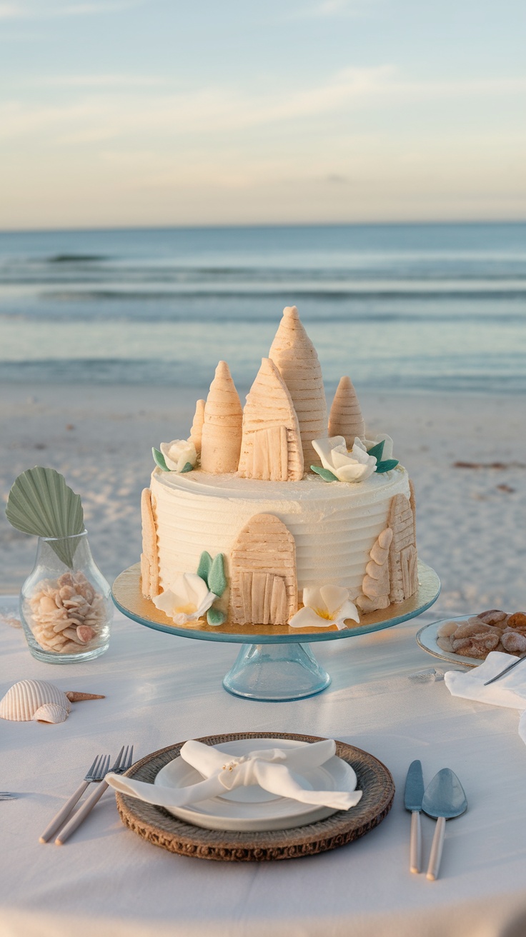 A beautifully crafted sandcastle cake displayed on a table by the beach, surrounded by seashells and elegant table settings.