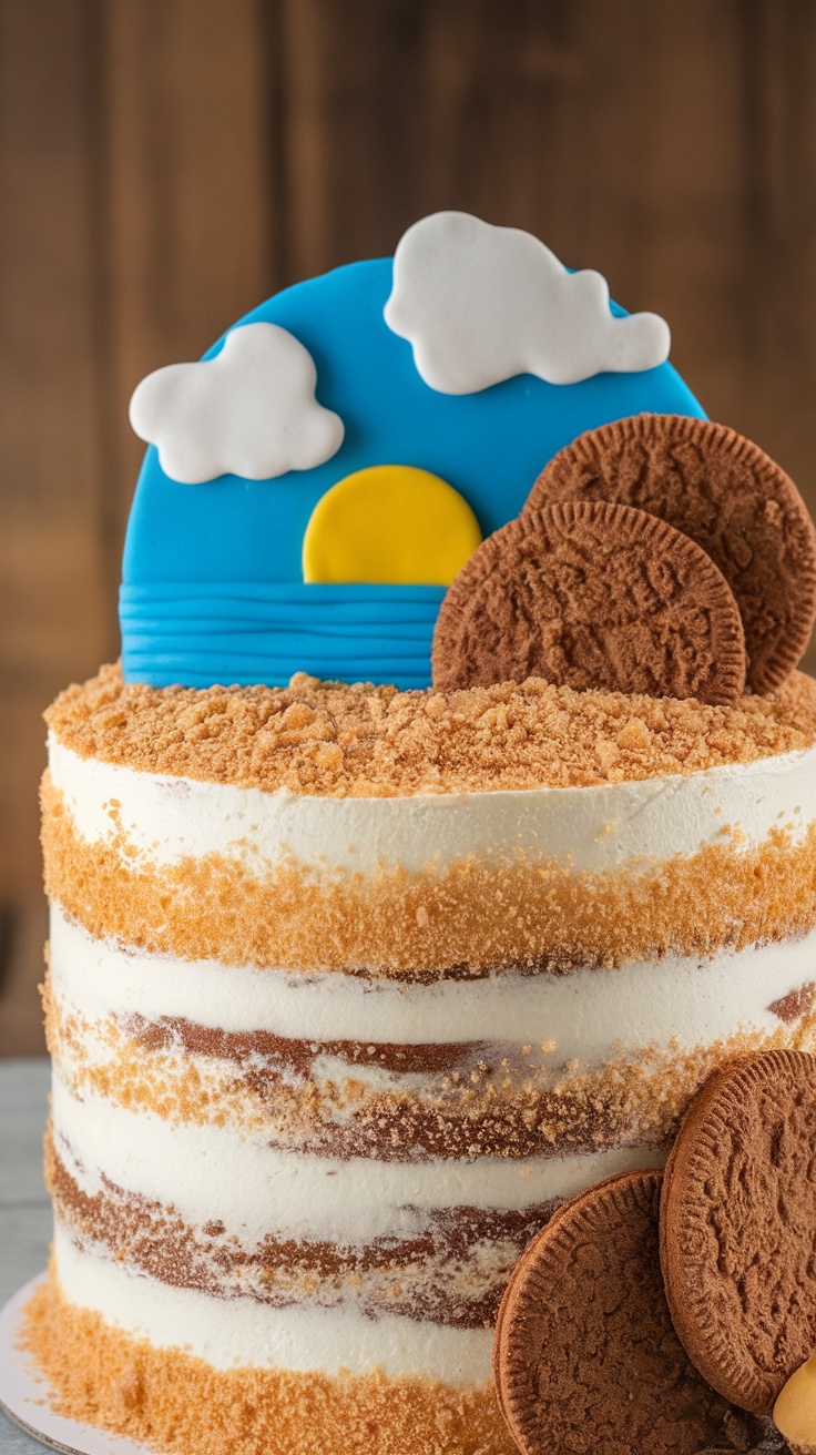 A beach-themed layer cake with cookie sand, a blue sky, sun, and clouds.