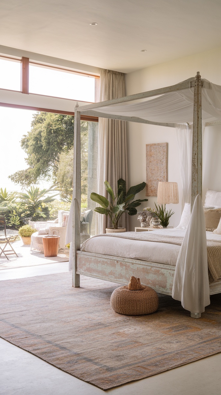 A bright and airy boho coastal bedroom with a four-poster bed and large windows overlooking a garden.