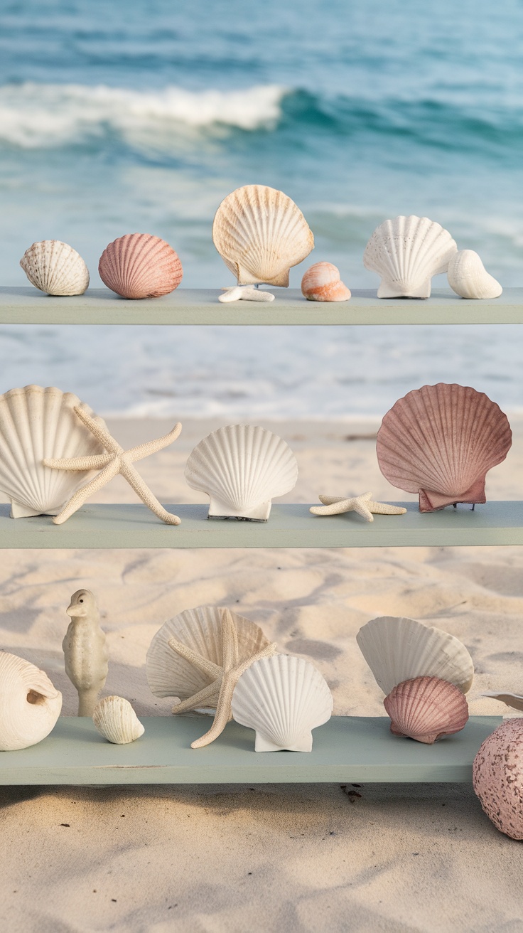 Decorative seashells and starfish displayed on a shelf with a beach background.