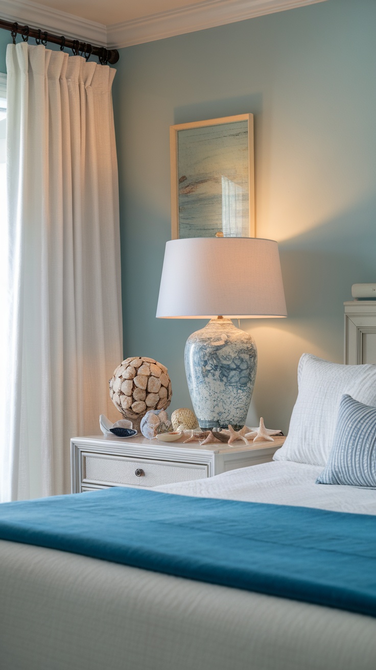 A cozy coastal-themed bedroom with seashell decor and soft colors.