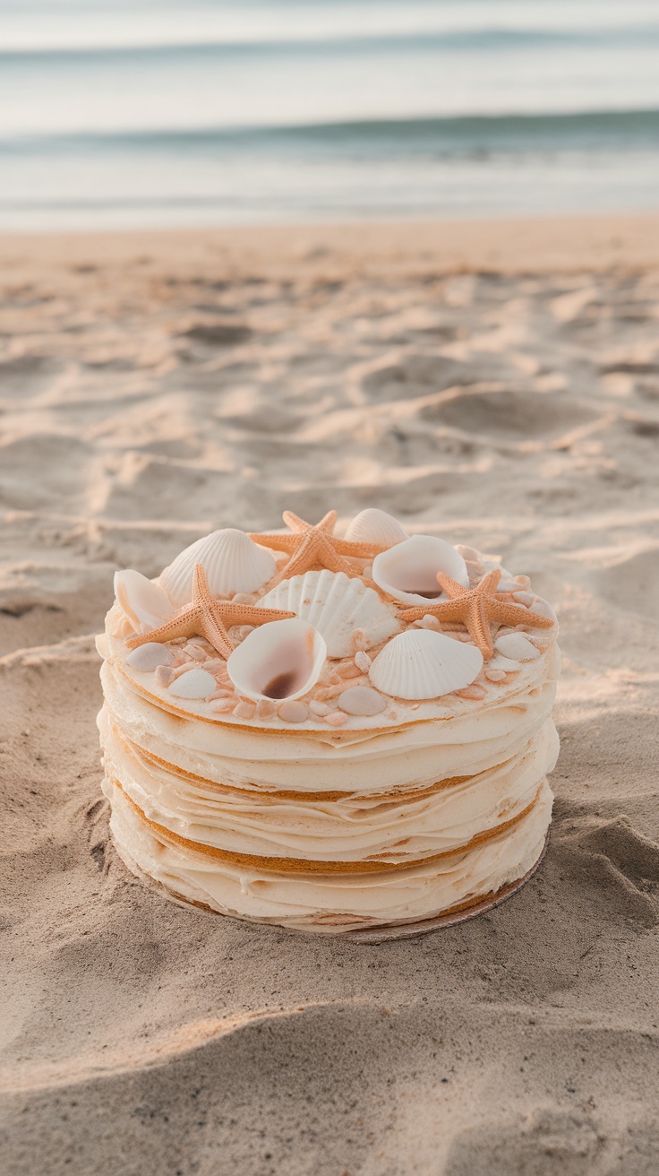 A beautifully decorated beach-themed cake with seashells and starfish on top, placed on the sand.