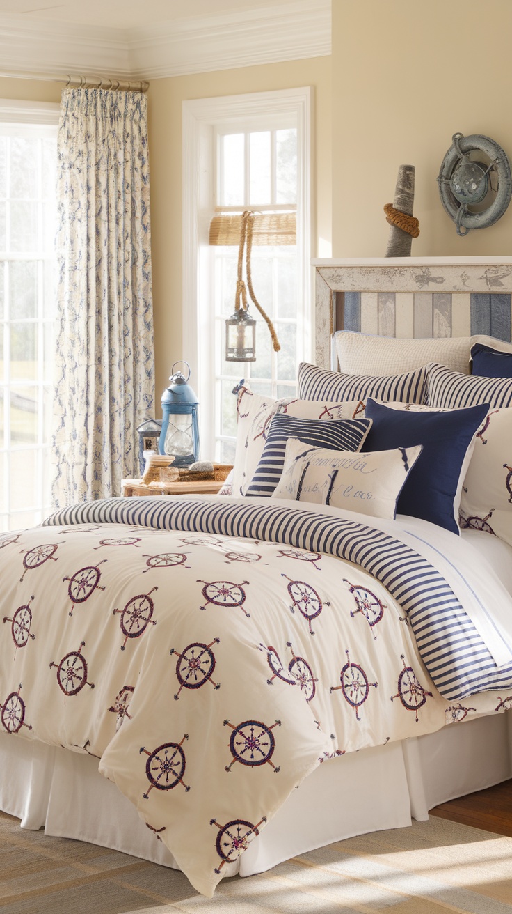 Nautical themed bedding with ship wheels and coastal colors