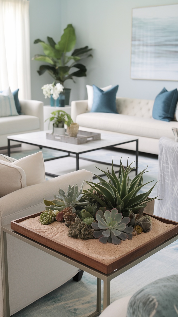 A cozy living room showcasing a table with a seaside-inspired plant arrangement featuring succulents and sand.