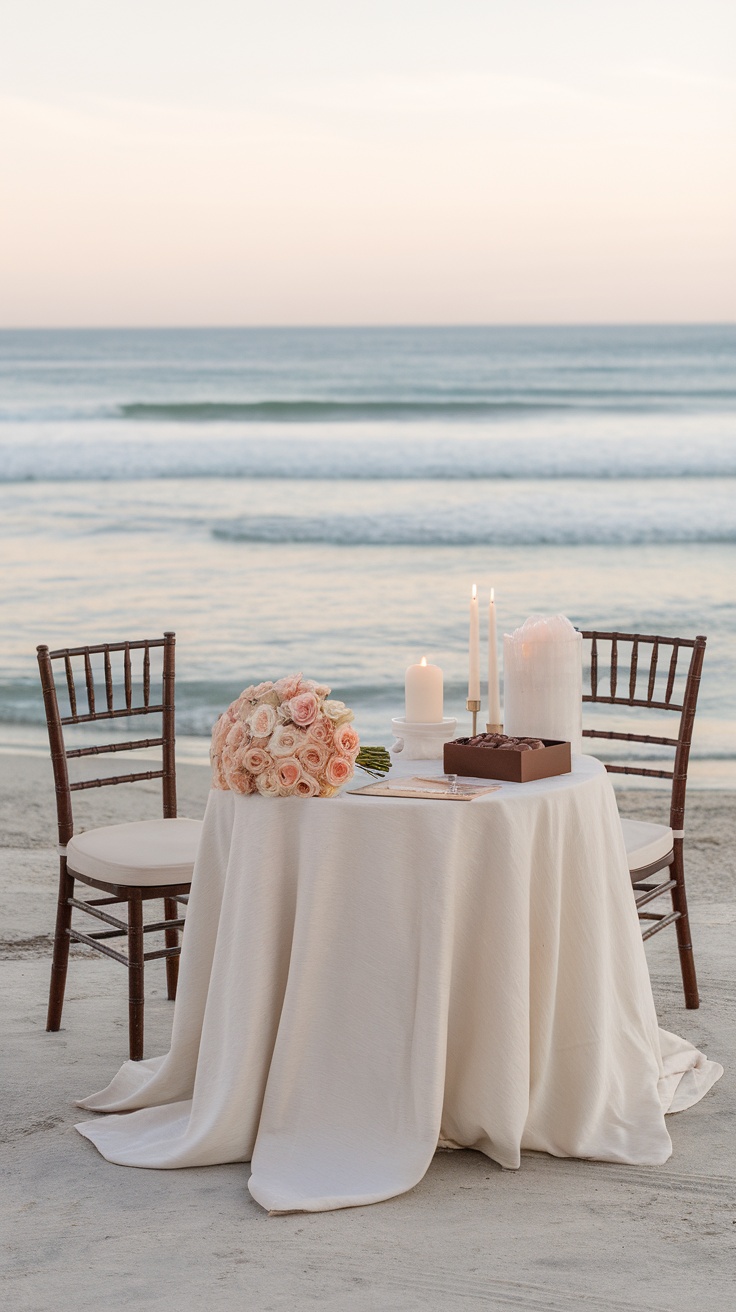 Seaside bridal shower gift table setup with flowers, candles, and chocolates.