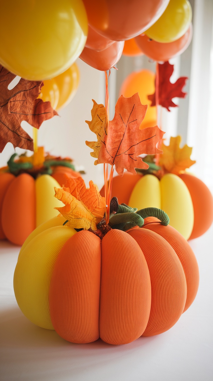 Colorful balloon centerpieces shaped like pumpkins with autumn leaves.