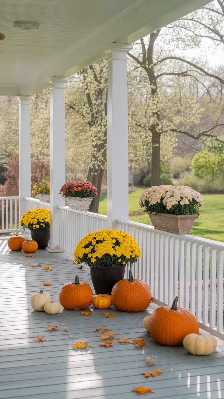 A cozy porch decorated with yellow chrysanthemums, pumpkins, and autumn leaves.