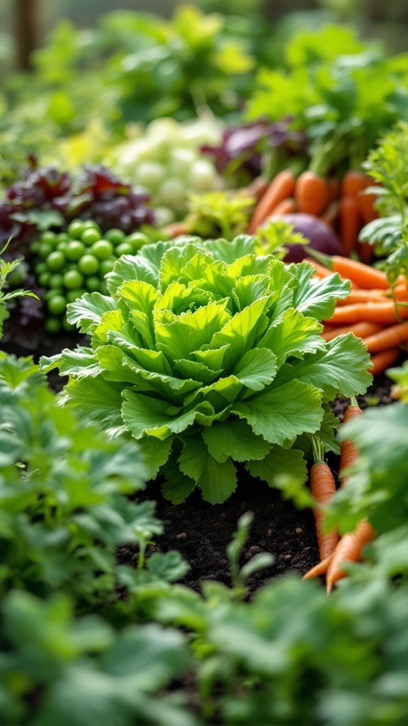 A vibrant spring garden featuring fresh vegetables like lettuce, carrots, and greens.