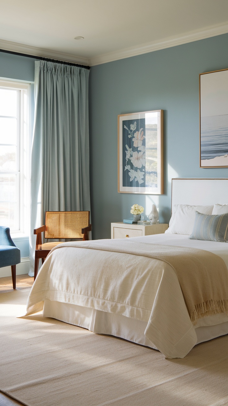 A serene coastal bedroom with blue walls, light curtains, and simple furnishings.