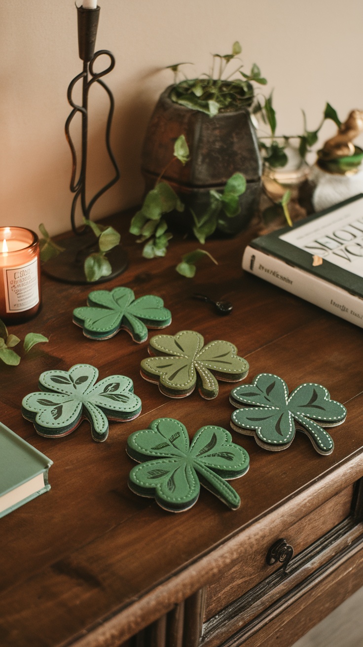 A set of shamrock-shaped coasters in various shades of green, placed on a wooden table with a candle, plant, and book.