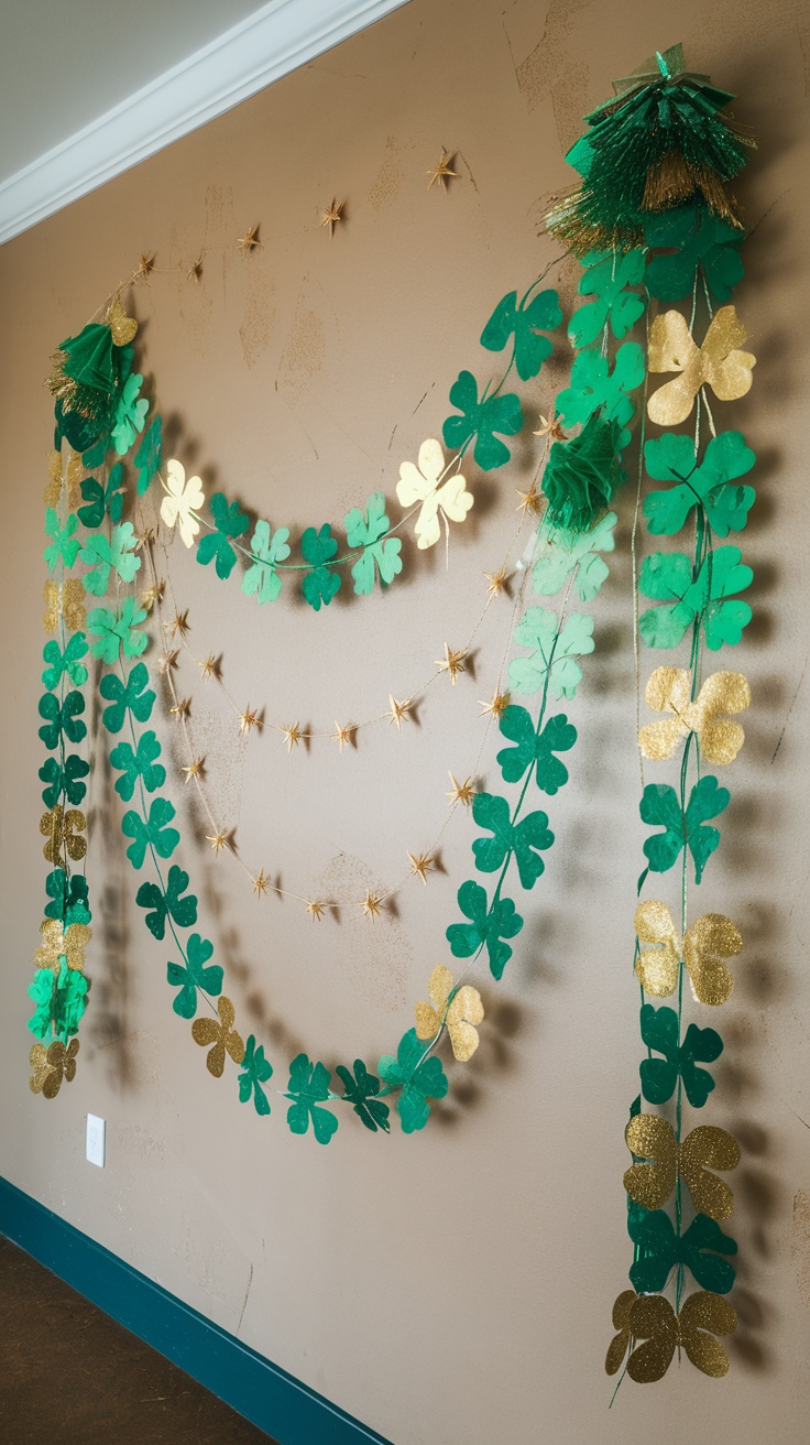 A colorful shamrock garland made of green and gold paper decorations hanging on a wall.