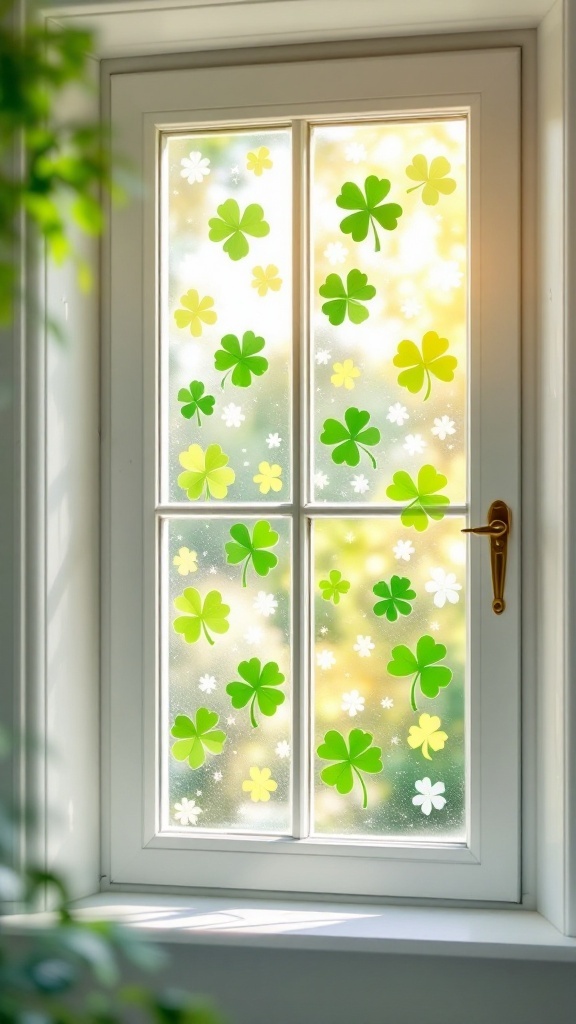 A window decorated with shamrock clings in various shades of green and yellow