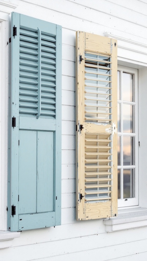 Colorful shutters on a beach cottage exterior, showcasing various styles and patterns.