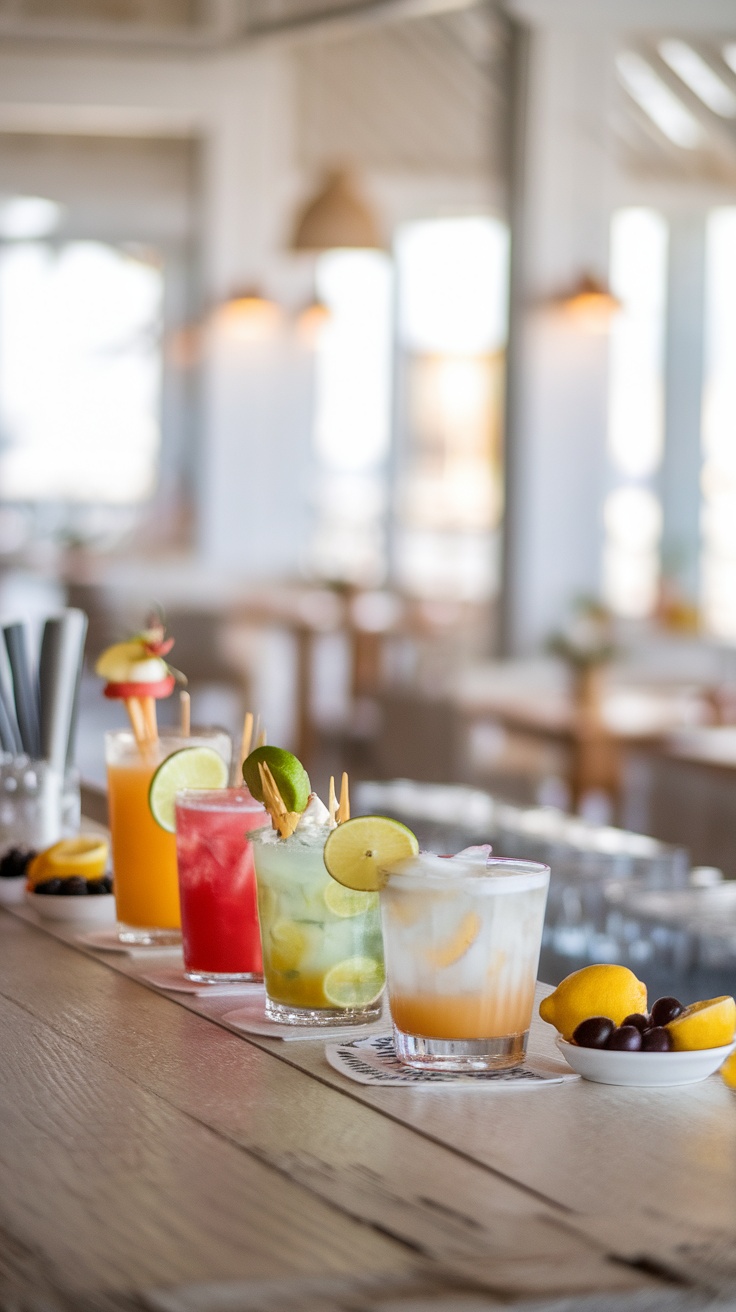 A variety of colorful cocktails lined up on a wooden bar