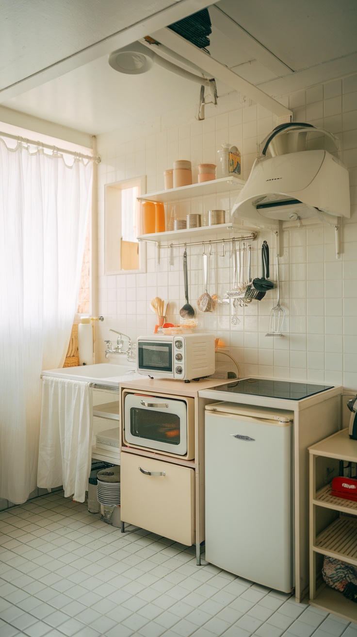 A compact kitchen featuring essential appliances and organized utensils.