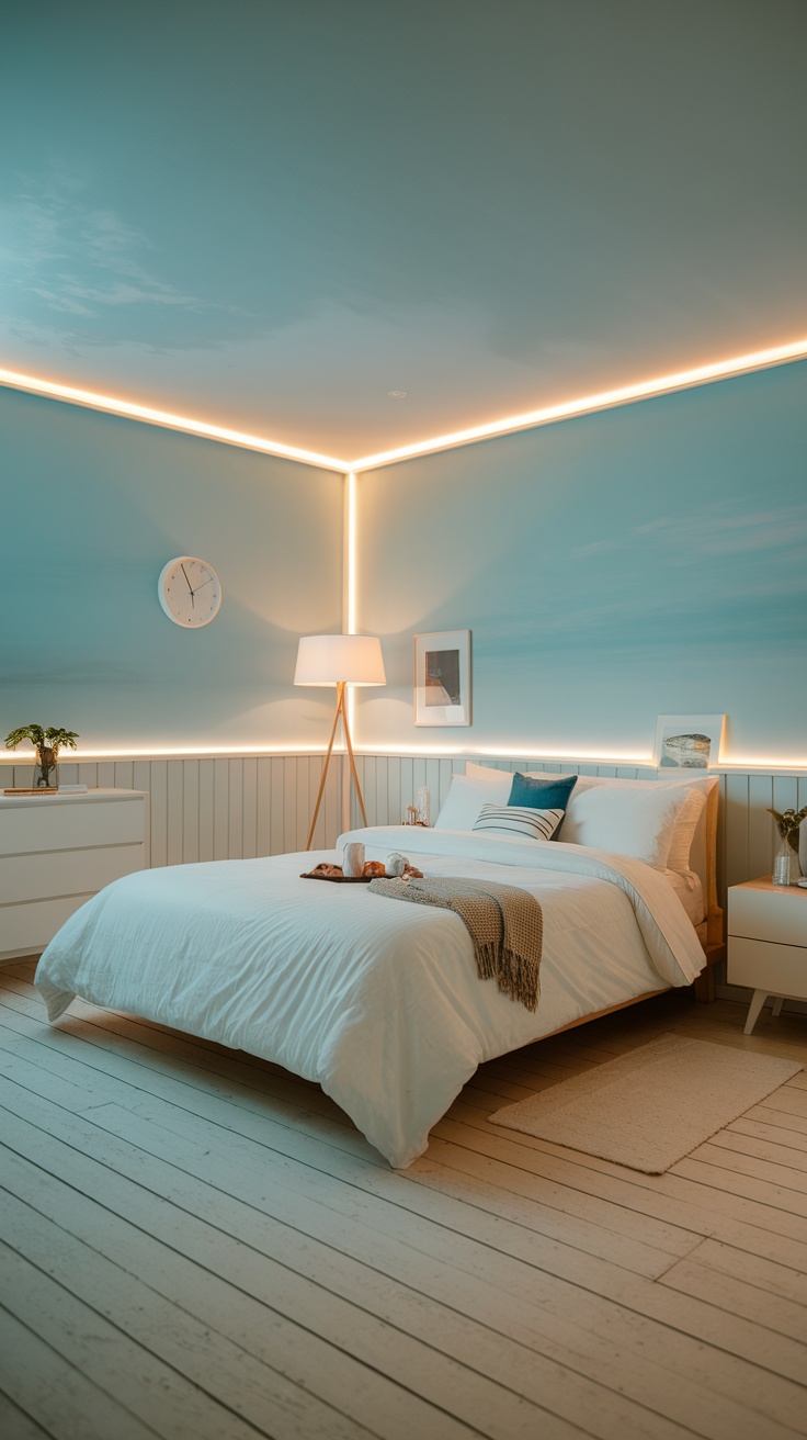 A cozy bedroom with soft ambient lighting, featuring a bed with white linens, a lamp, and beach-themed decor.