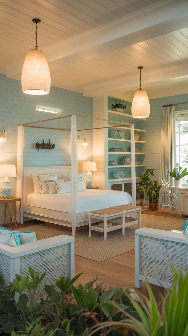 Coastal cottage bedroom with soft lighting and a cozy atmosphere.