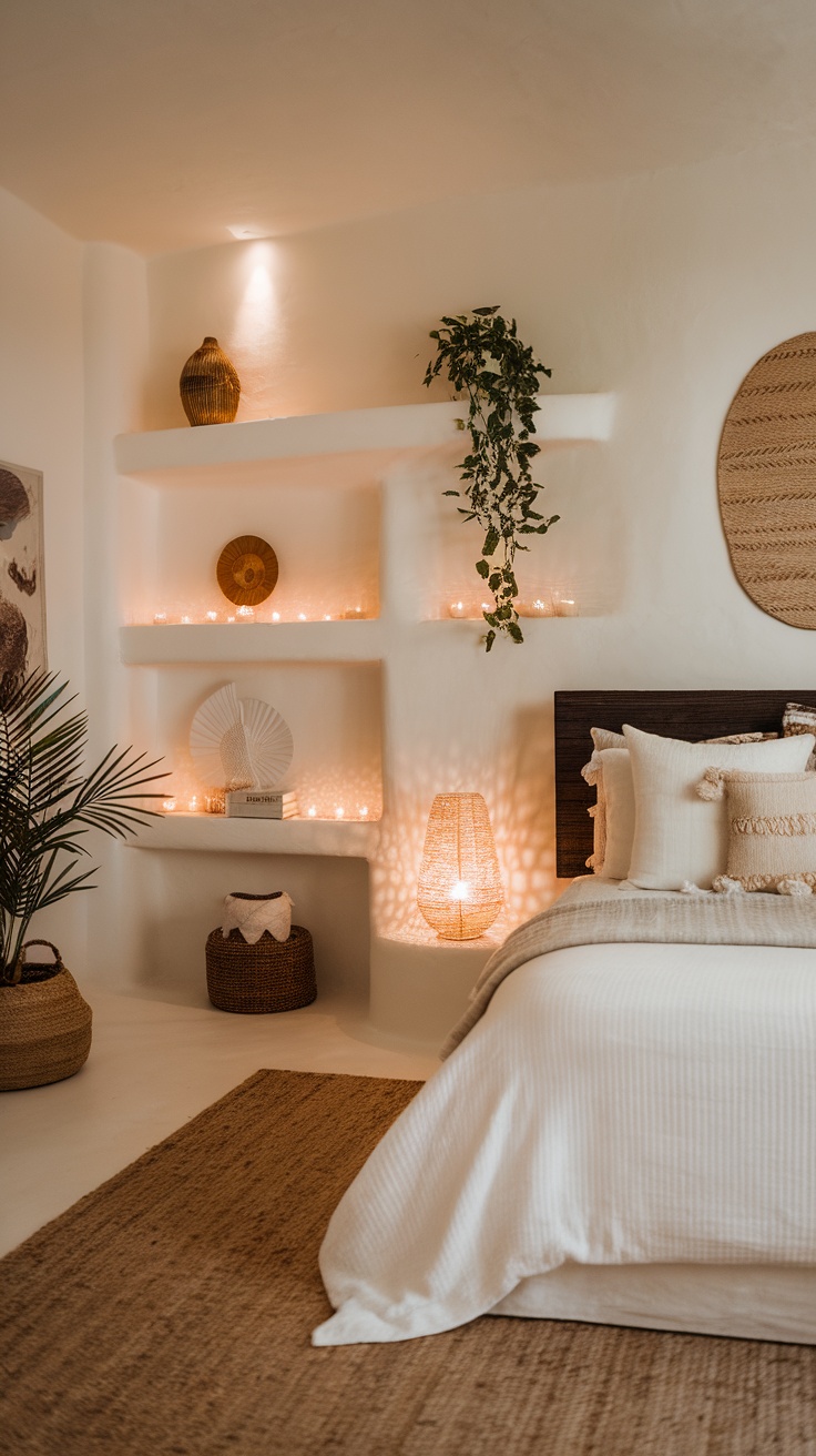 A beautifully styled boho coastal bedroom featuring soft lighting elements, including woven lamps and flickering candles.