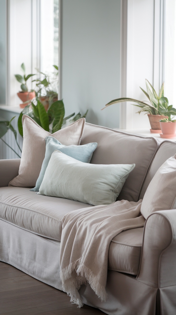 A cozy living room couch with soft linen pillows and a blanket, surrounded by plants.