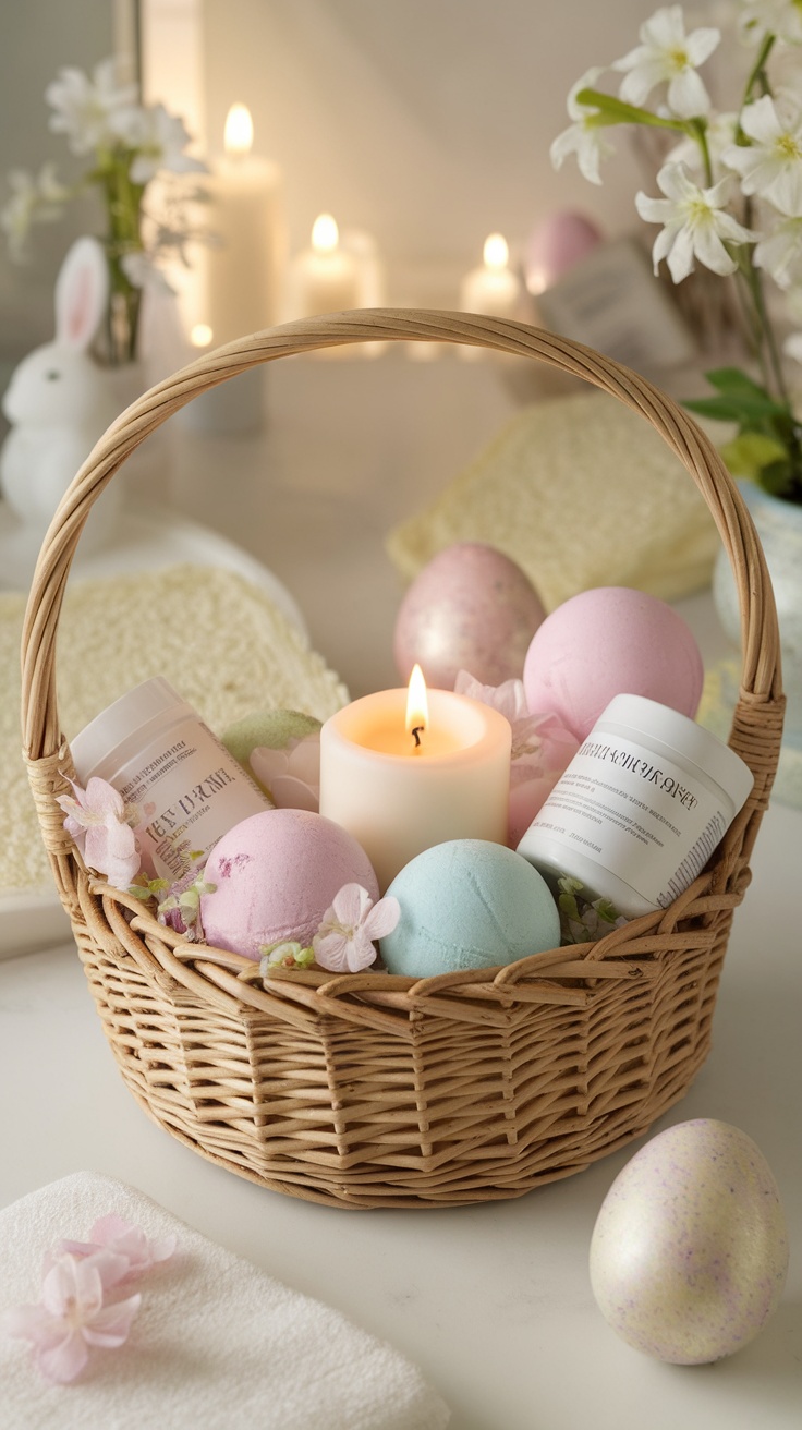 A spa day basket with bath bombs, a candle, and skincare products.