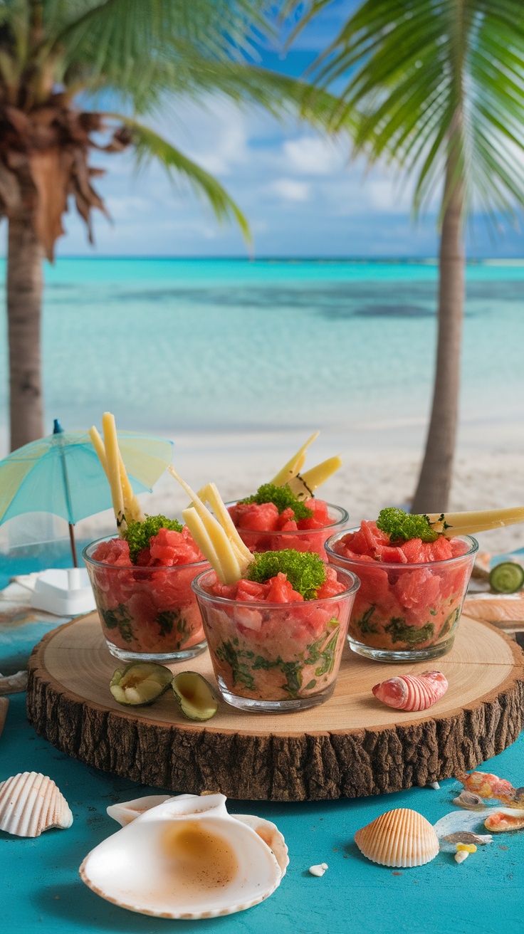 Spicy Tuna Poke Cups on a wooden platter with beach background