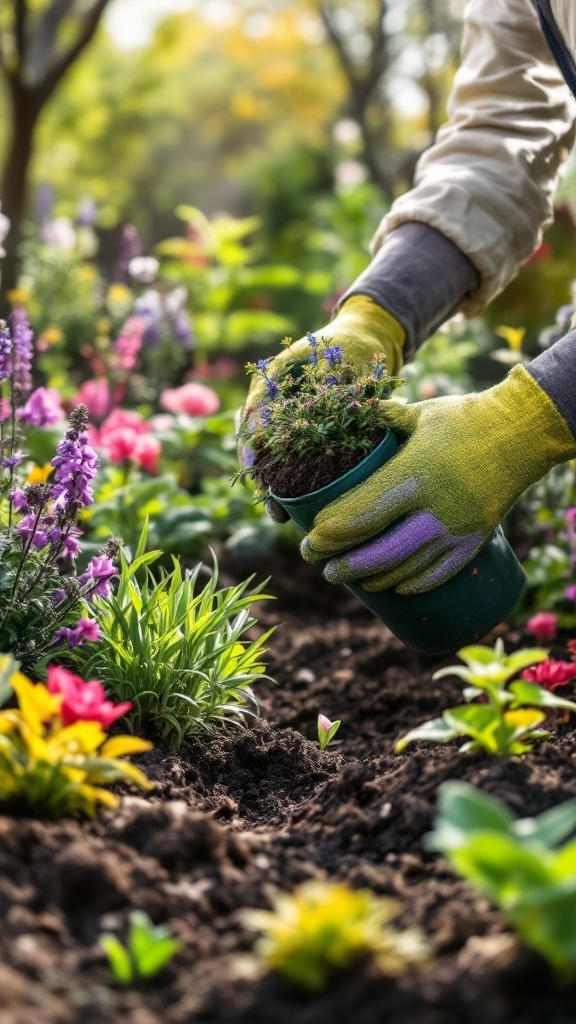 A gardener in gloves planting flowers in a vibrant spring garden.