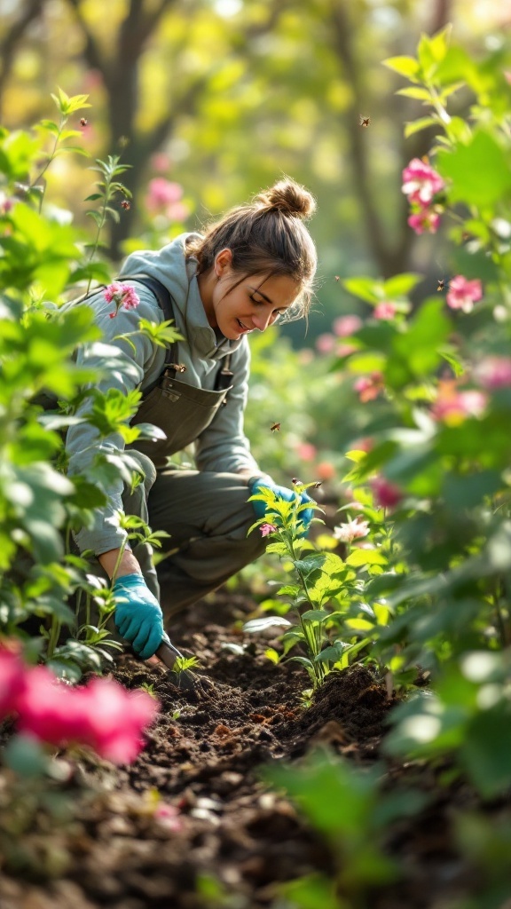 A person tending to a colorful spring garden, surrounded by blooming flowers.