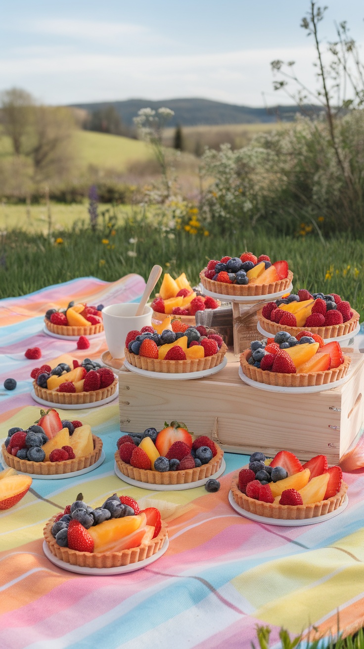 Colorful fruit tarts on a picnic blanket in a spring setting