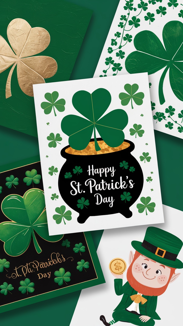 St. Patrick's Day cards featuring shamrocks and leprechauns