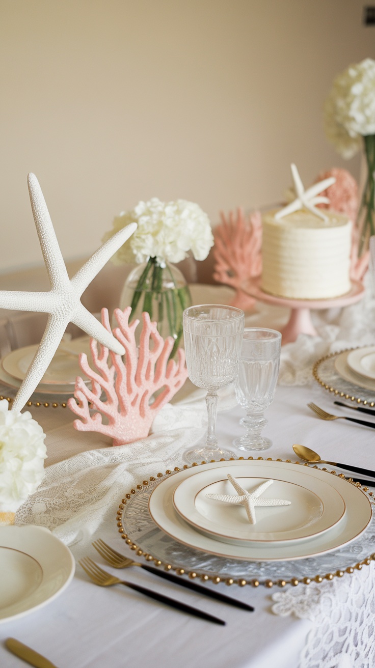 Beach bridal shower table setting with starfish and coral accents.