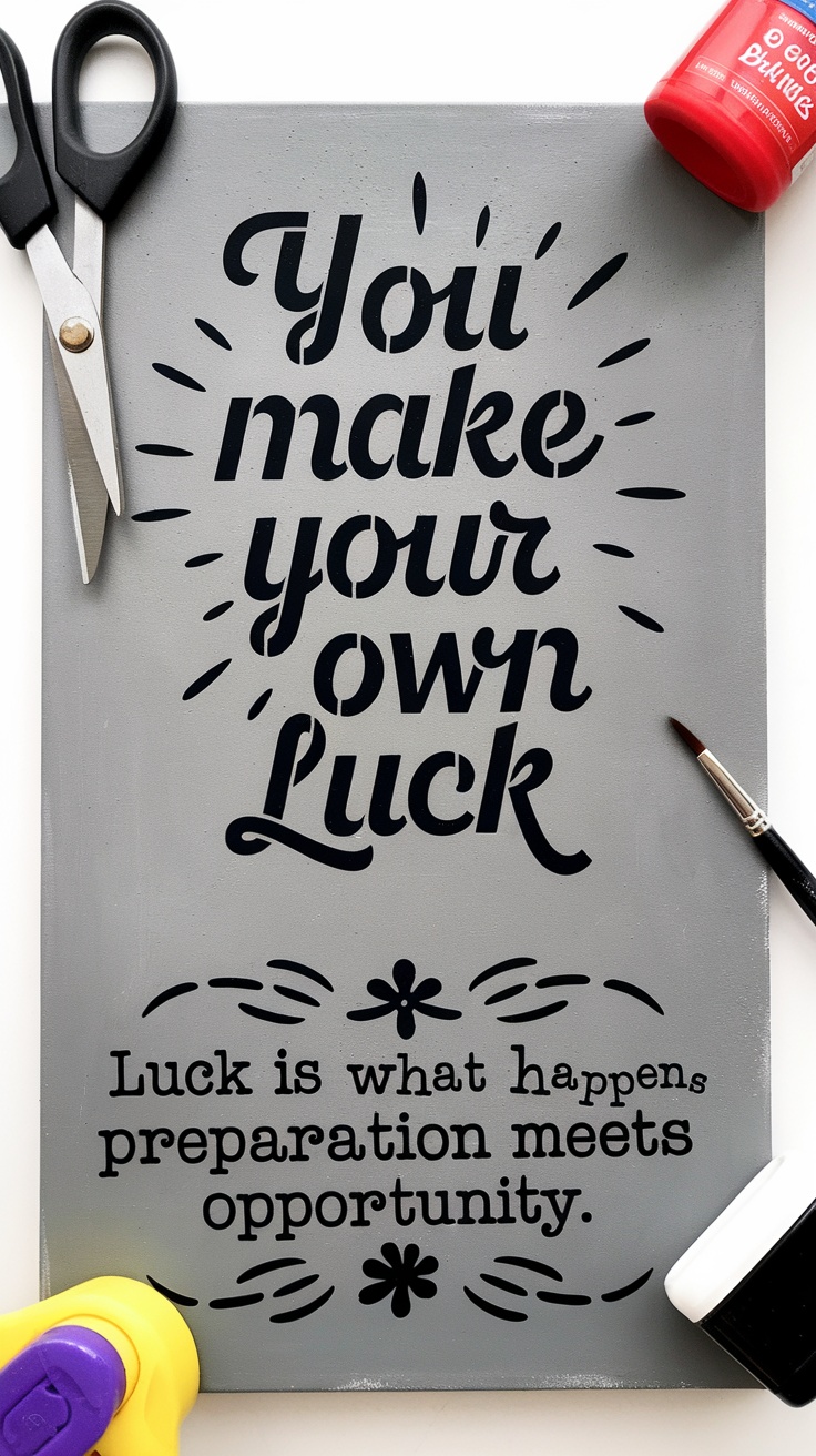 A stenciled canvas art piece with the words 'You make your own Luck' and 'Luck is what happens preparation meets opportunity.'