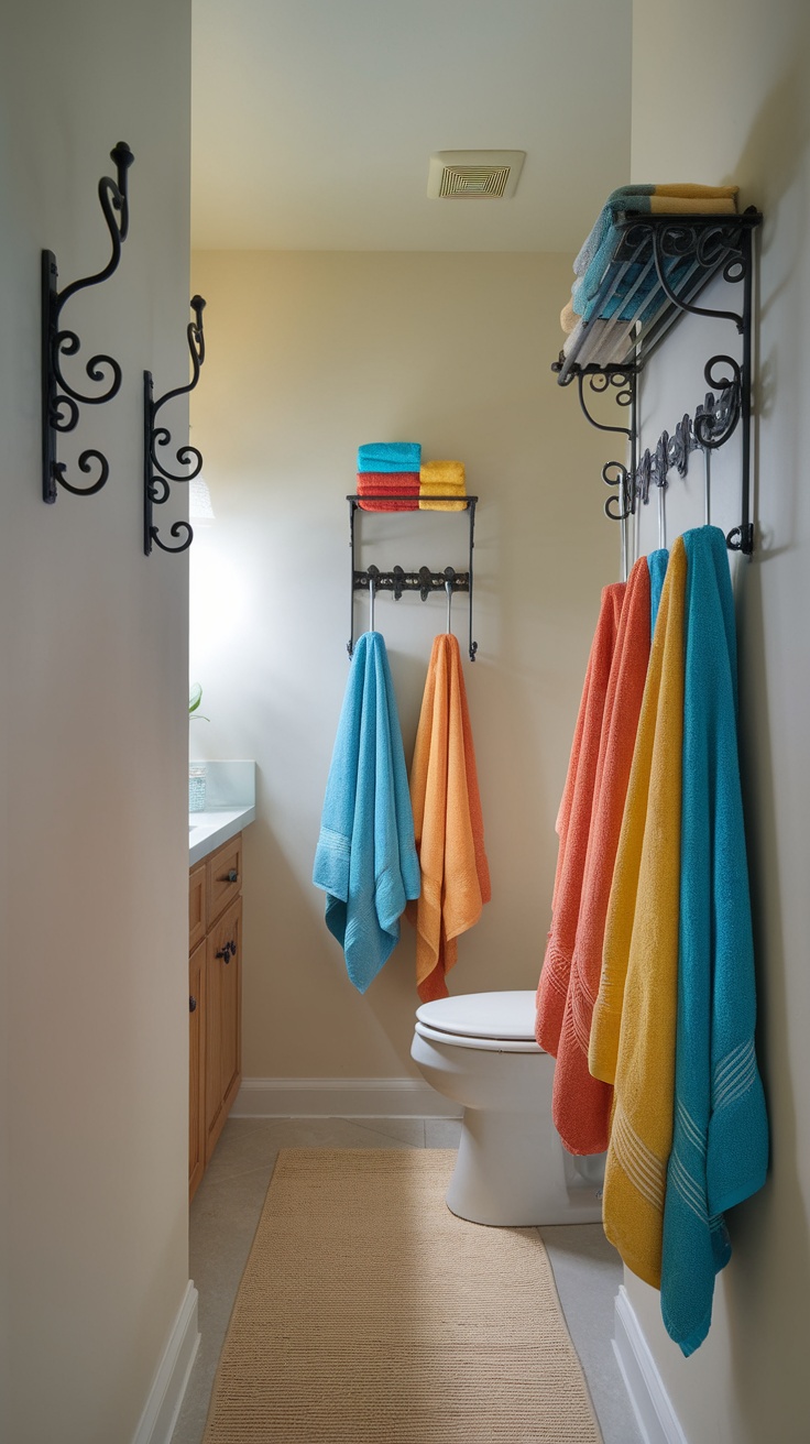 Small bathroom with colorful towels hanging on stylish hooks and racks.