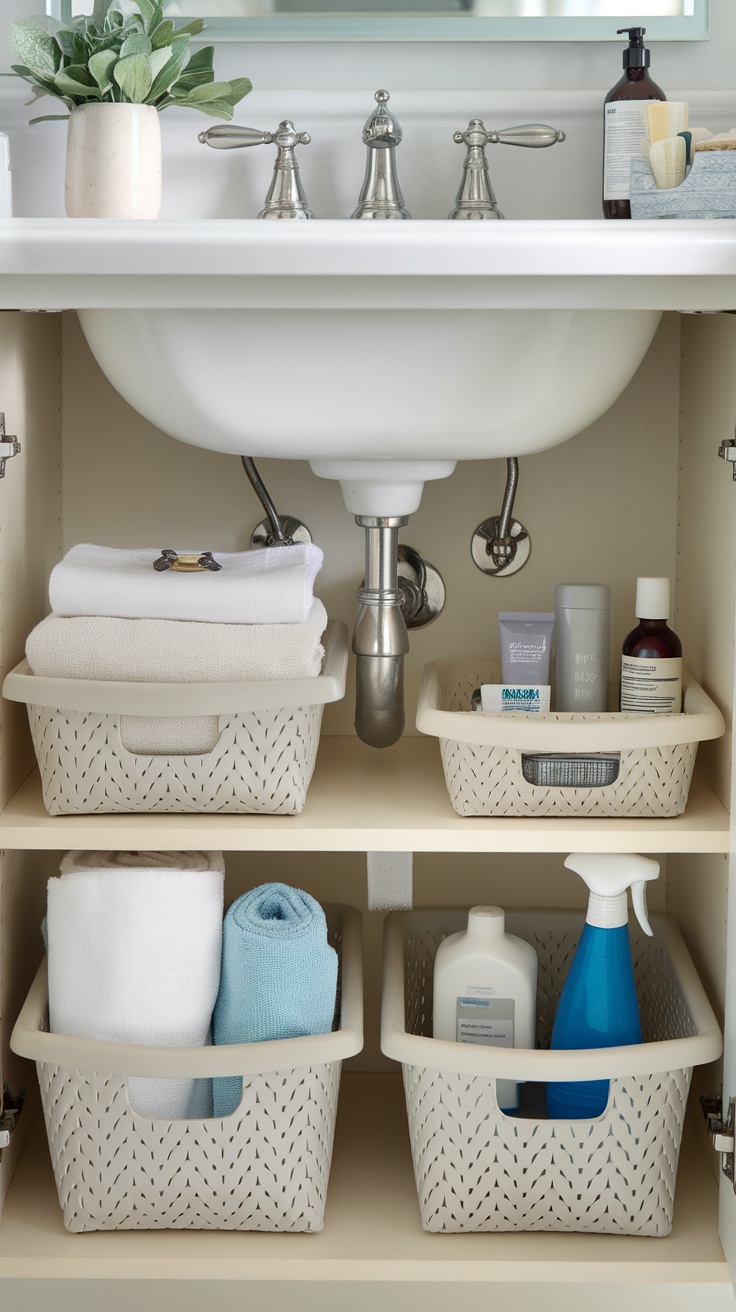 Organized storage under a bathroom sink with baskets holding towels and toiletries.