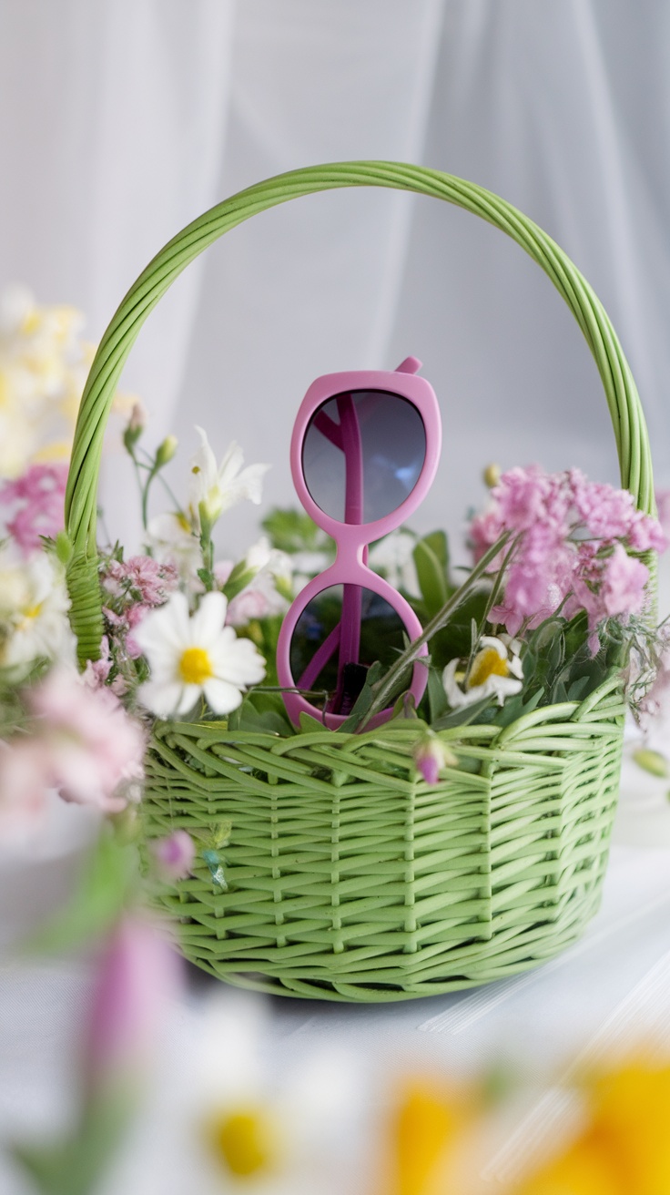 A green Easter basket filled with flowers and stylish pink sunglasses.