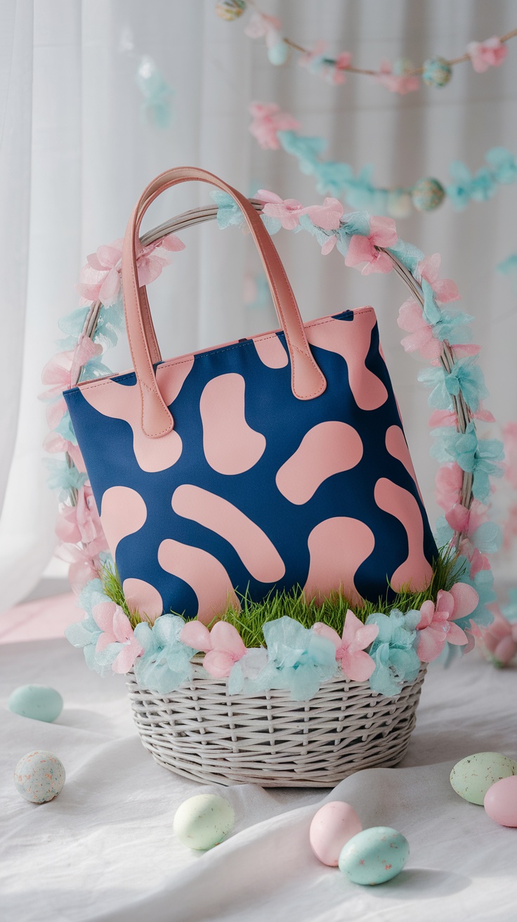 A stylish tote bag with a blue and pink design placed in a decorated Easter basket with pastel eggs.