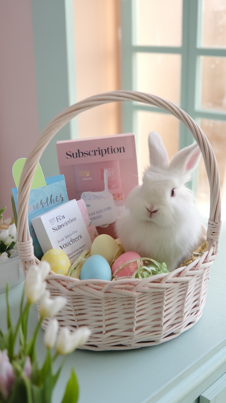 A pastel Easter basket filled with colorful eggs, a cute white bunny, and subscription box vouchers.